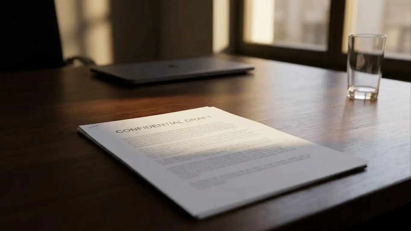 Plain regulatory document on a desk beside a closed laptop in a quiet office