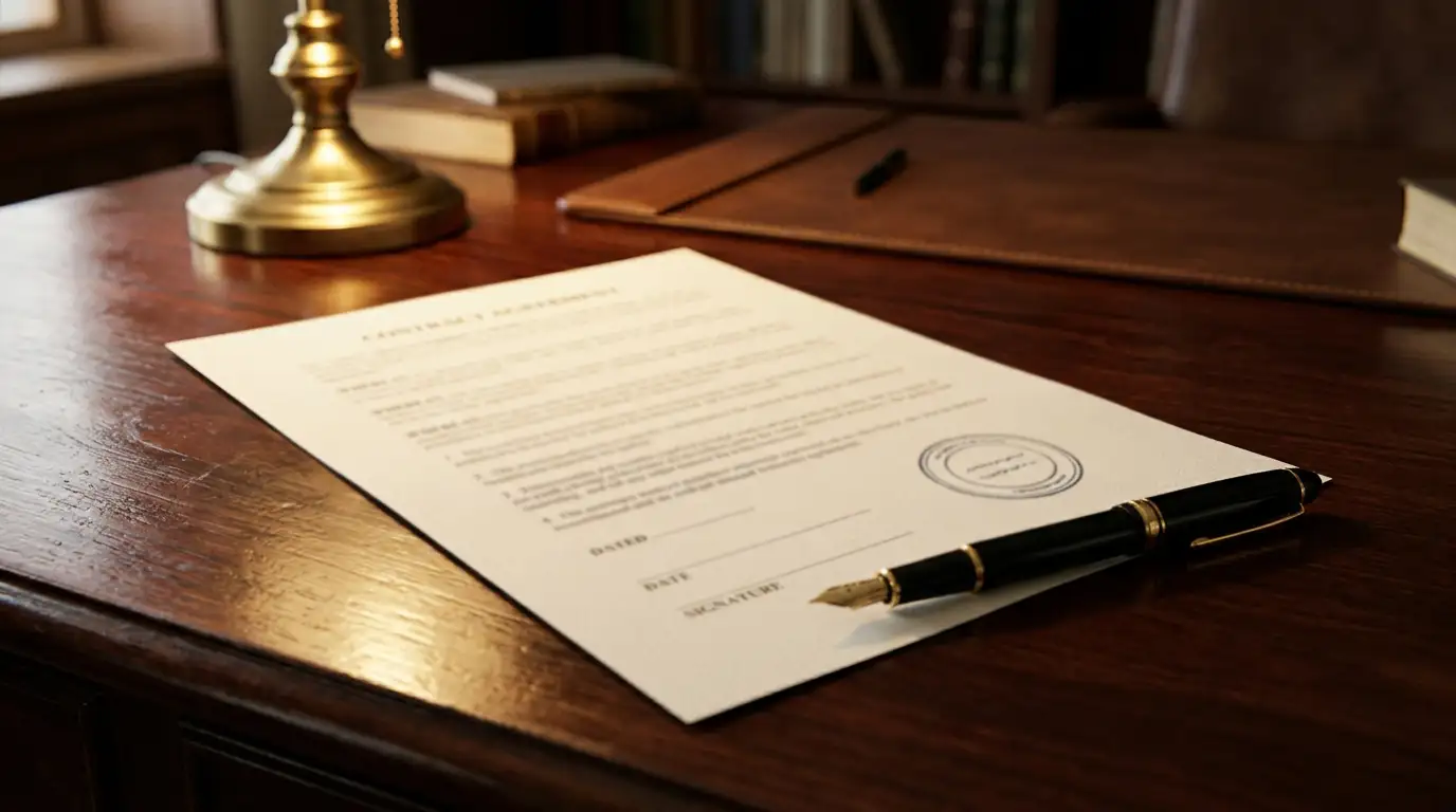 Official government document with a plain stamp on a wooden desk in daylight