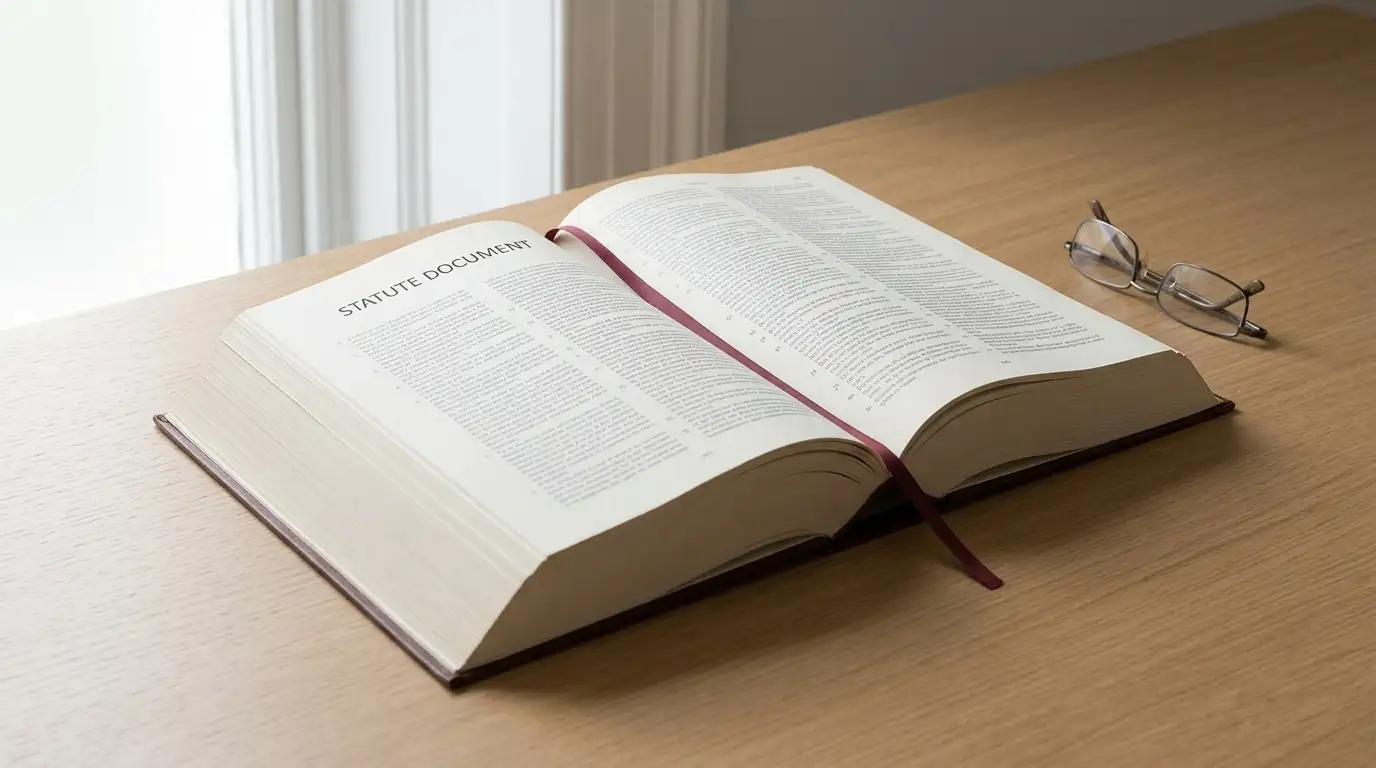 Open printed statute document on a plain desk under soft window light, no crest or emblem visible
