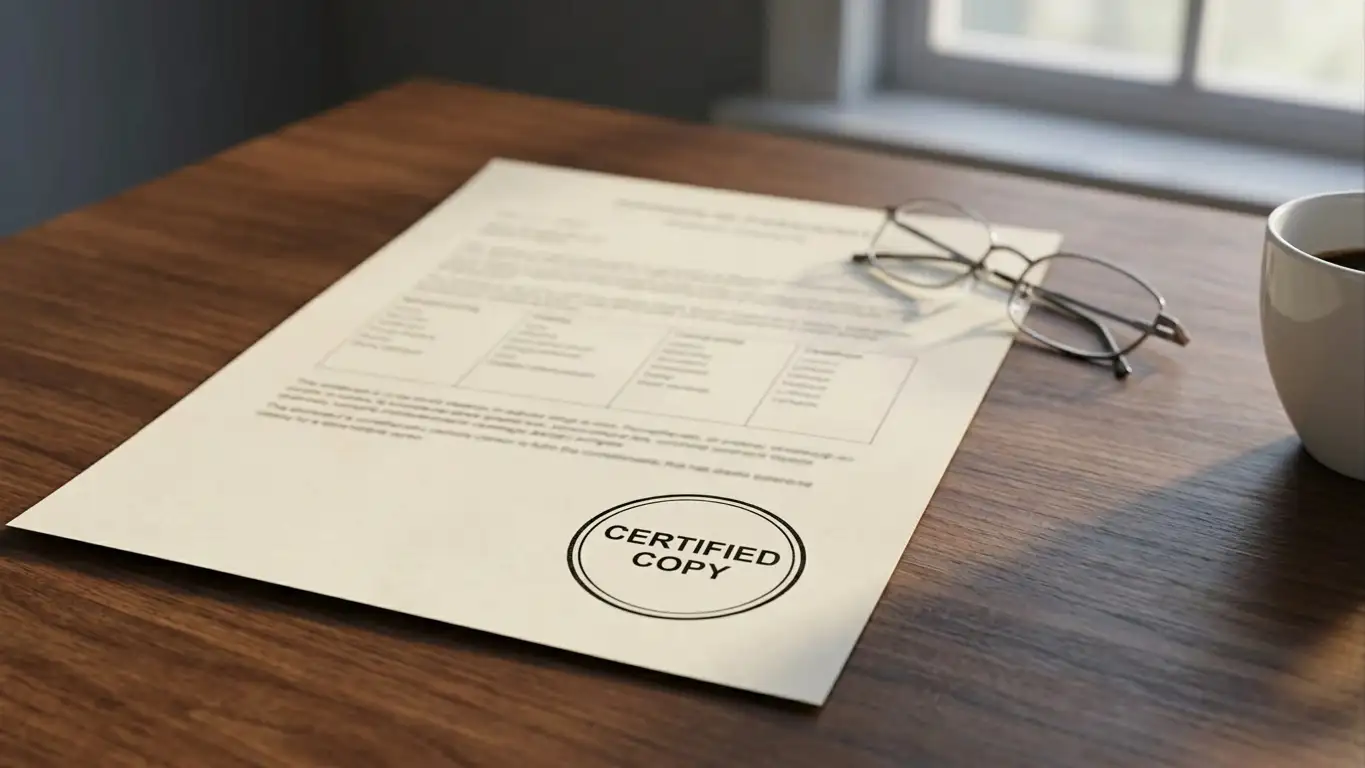 Official-looking document with a plain stamp resting on a wooden table beside reading glasses