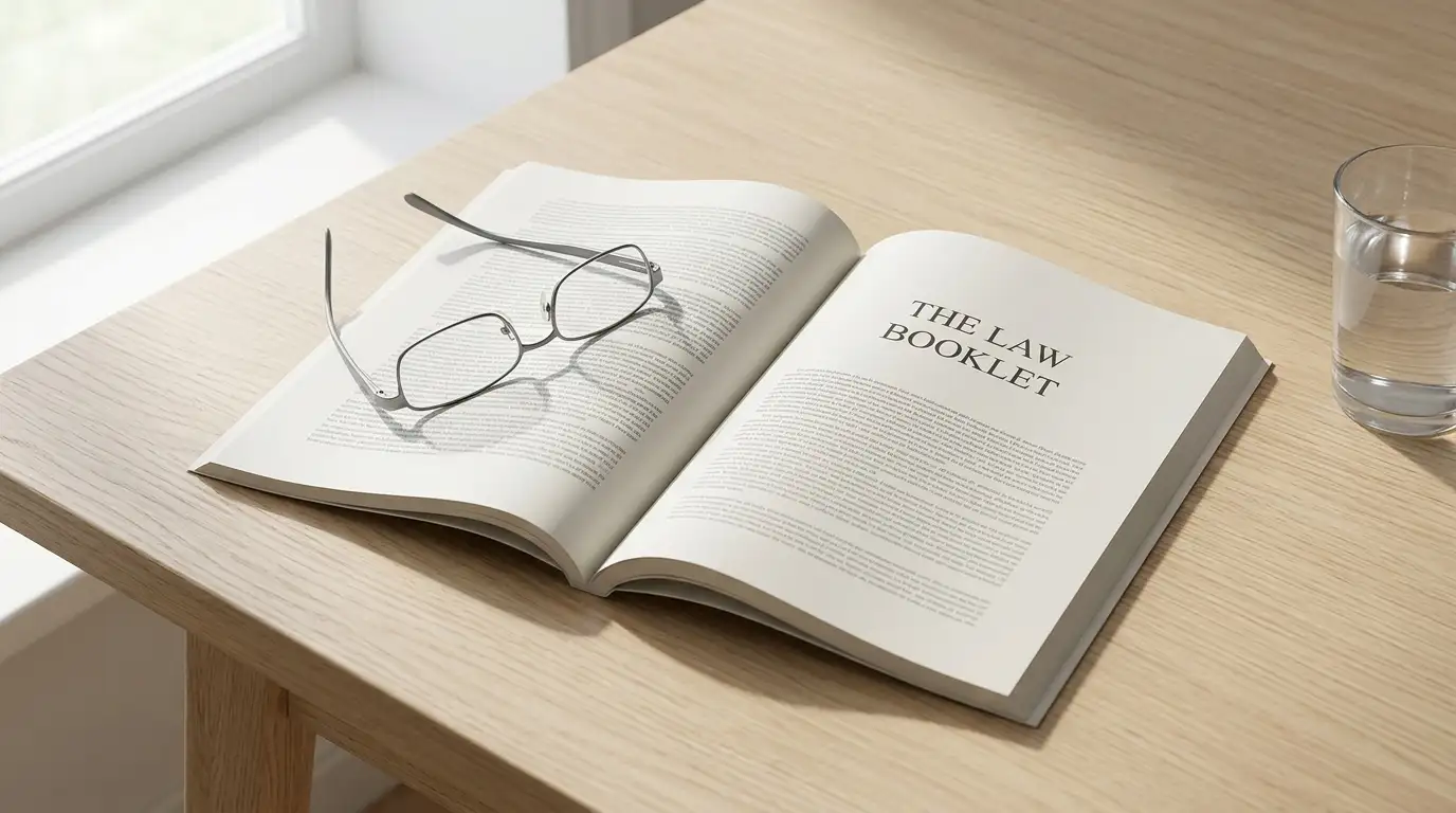 Neutral statute booklet open on a table beside reading glasses in daylight