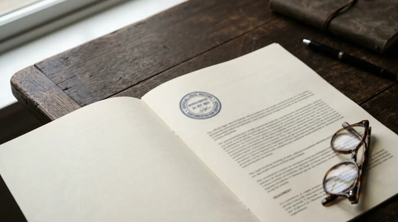 Printed legislation document with an official stamp lying open on a desk under daylight