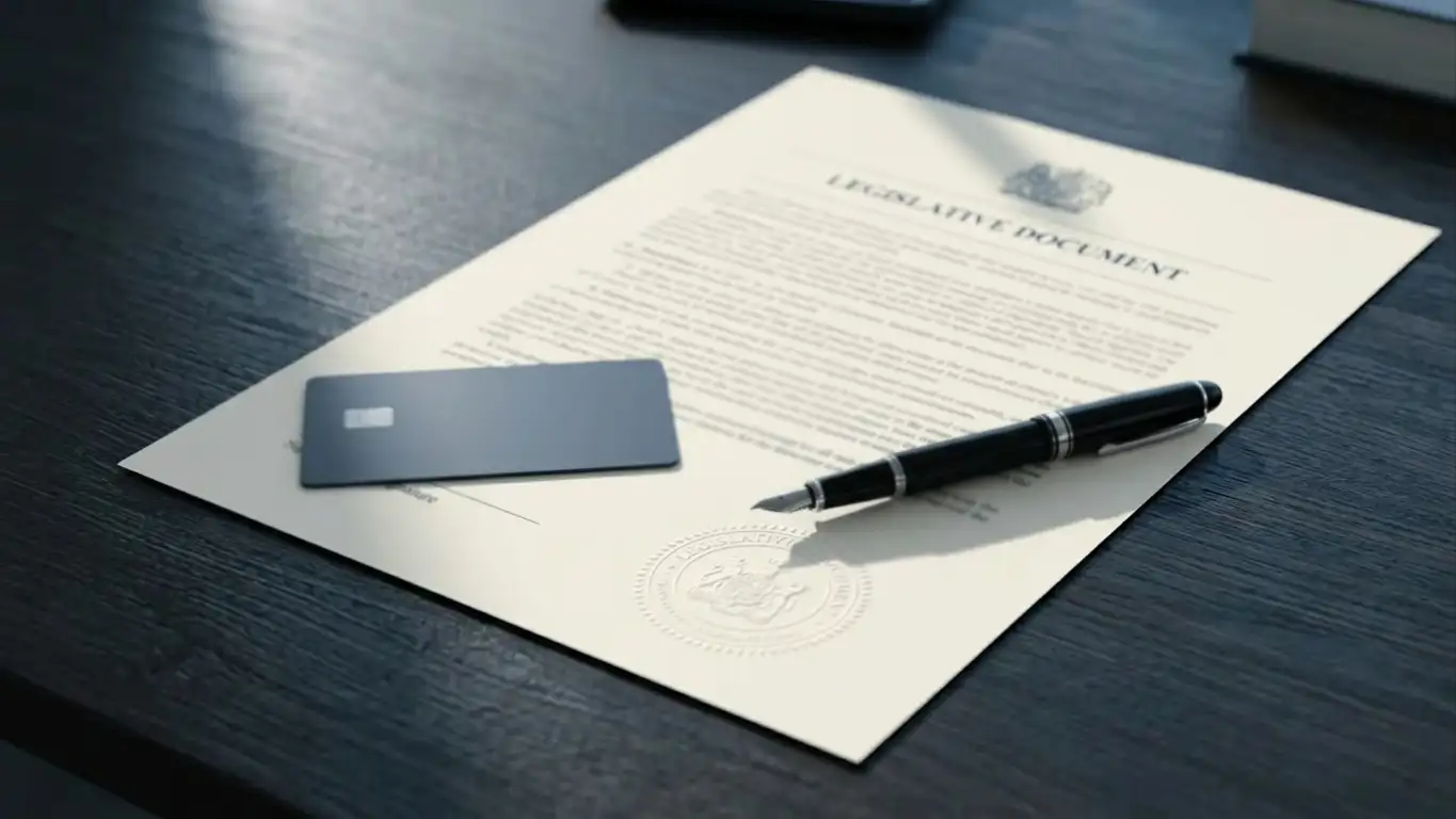 Australian legislation document with an official stamp beside a debit card on a desk