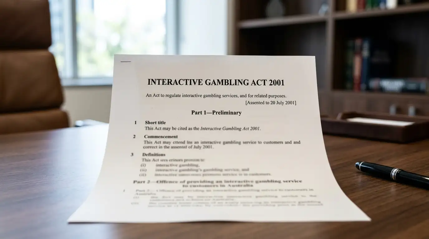 Formal document showing Interactive Gambling Act 2001 header on a desk