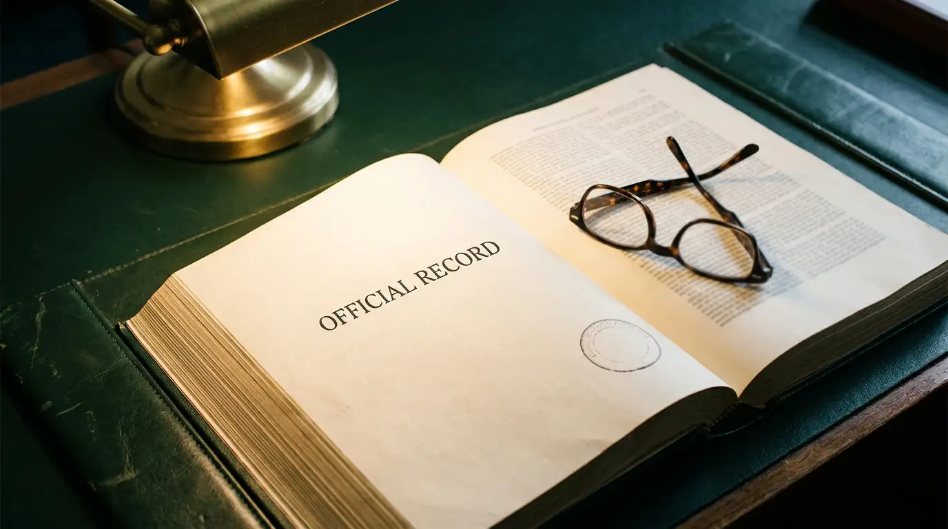 Open legislative document and reading glasses on a desk in an office setting