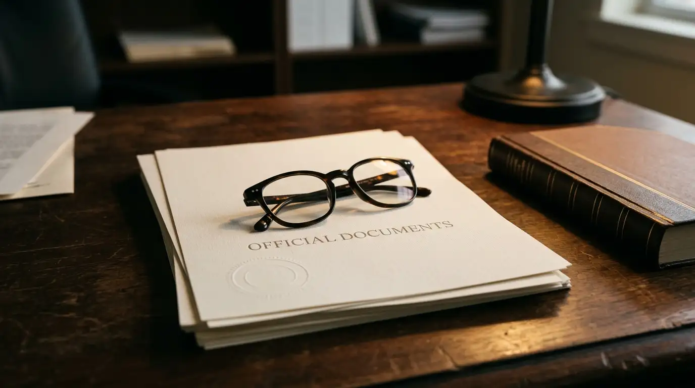 Neutral licence document and legislation papers on an office table