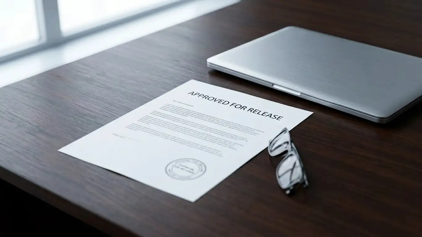 Official document with a plain stamp on a desk beside a closed laptop