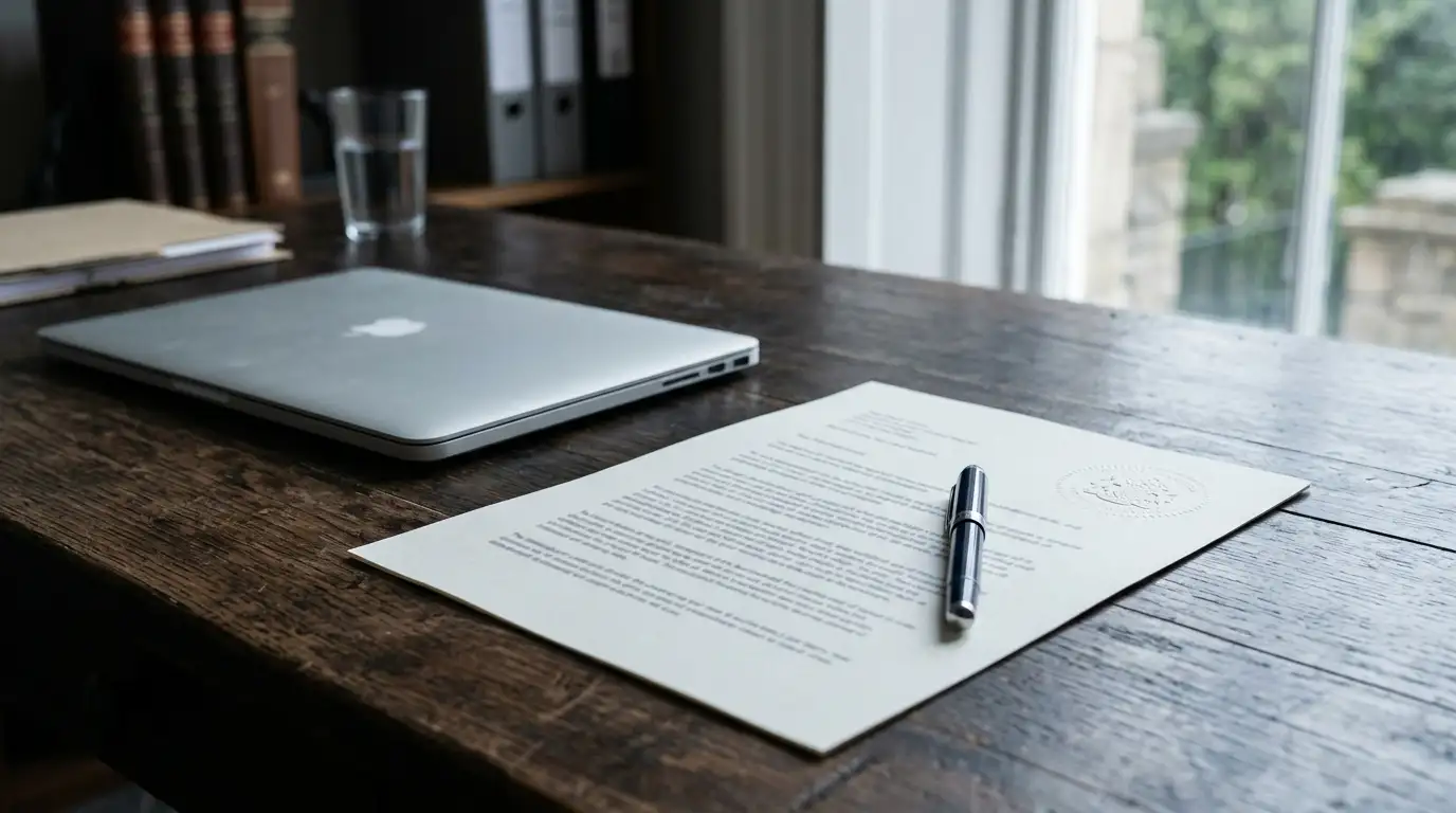 Printed Australian legislation on a desk beside a closed laptop and a stamped document