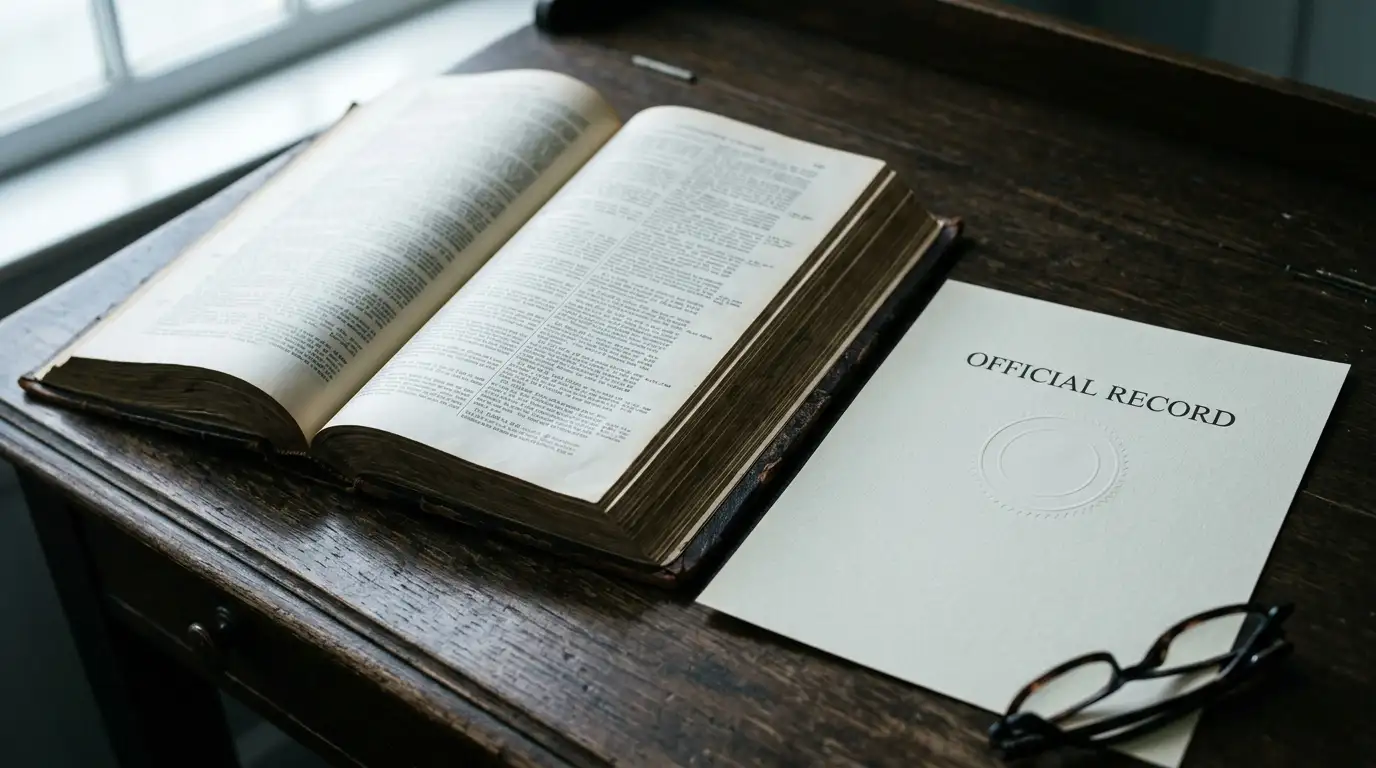 Open legislative document on a desk beside a plain licence certificate with no crest