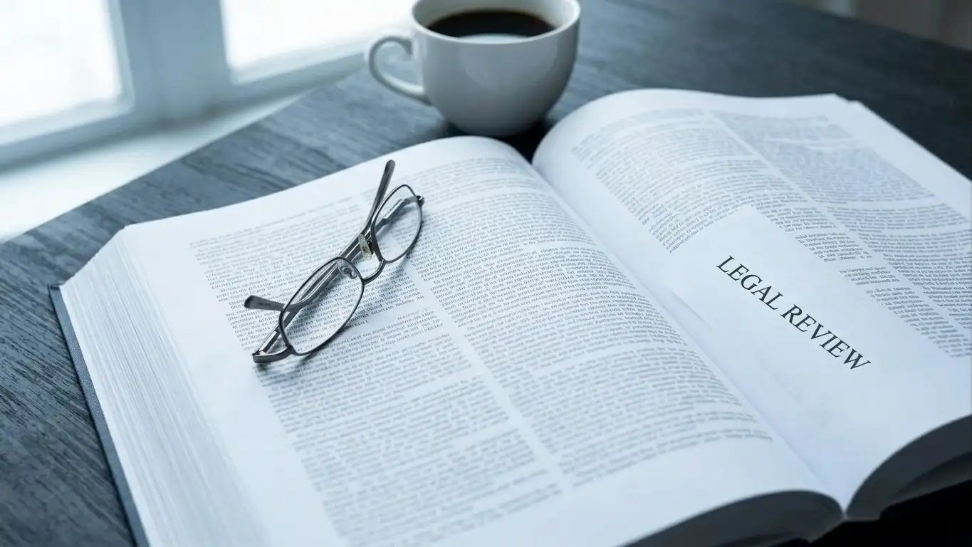 Printed copy of Australian federal legislation open on a desk beside reading glasses