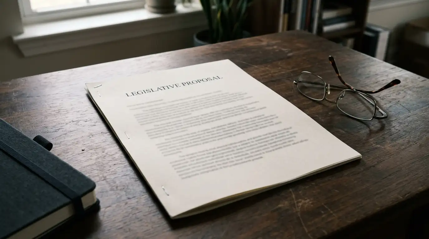 Neutral legislative document on a desk beside a pair of reading glasses