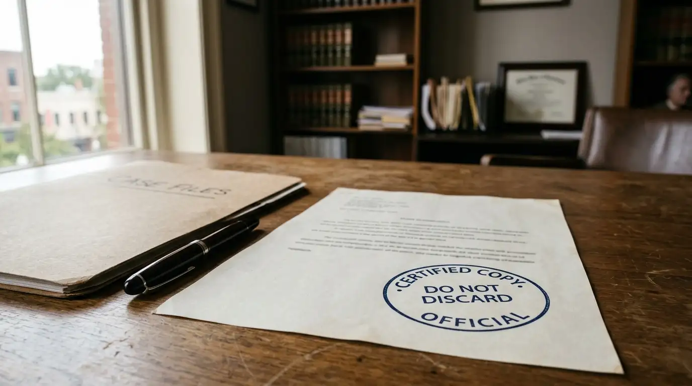 Stamped official document beside a closed folder on a desk in a quiet office, soft daylight