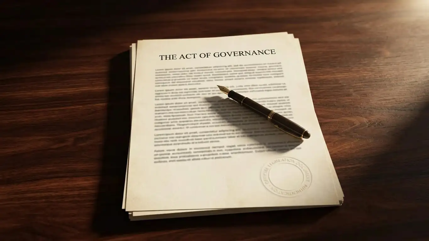 Neutral printed legislation document with an official stamp on a wooden desk in daylight