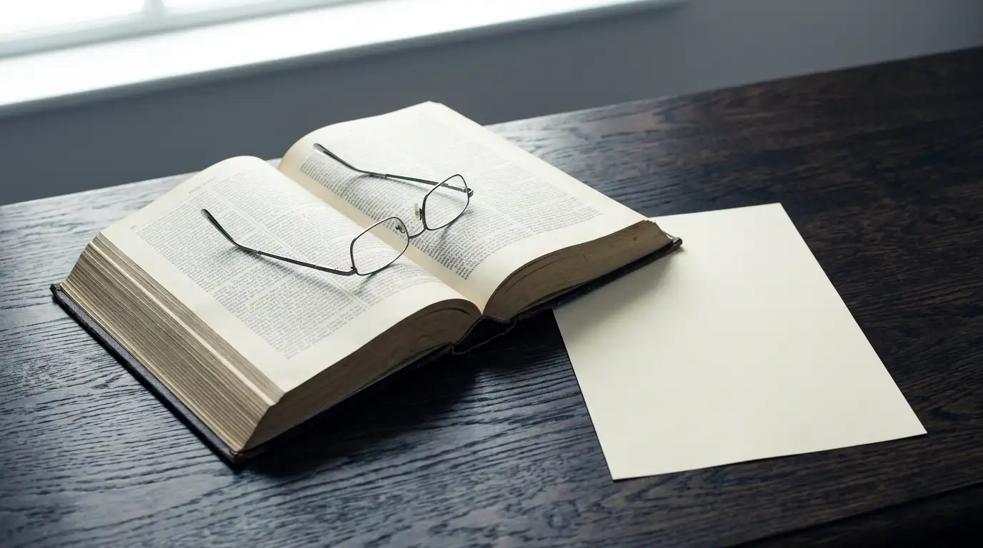 Open printed statute volume on a desk beside reading glasses and a plain government letterhead