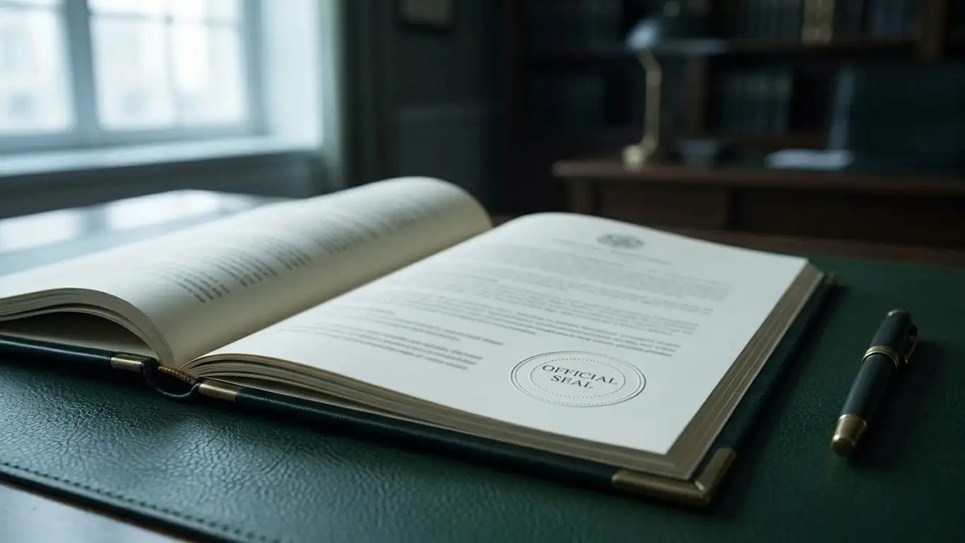 Open legislation document with an official stamp on a quiet office desk