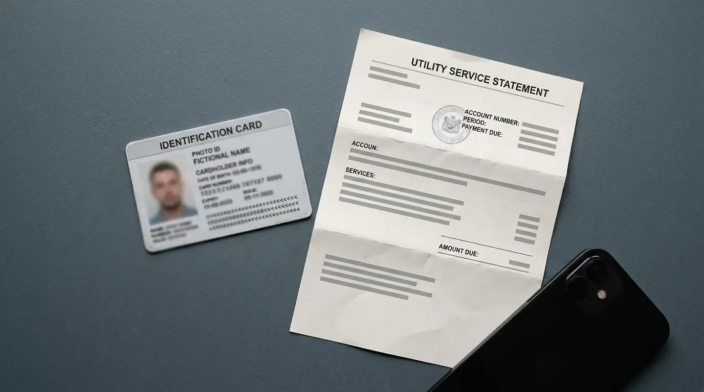 Identity document and utility statement laid flat for account verification