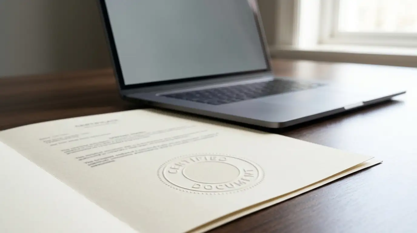 Neutral licence document with an official stamp lying open on a desk beside a laptop