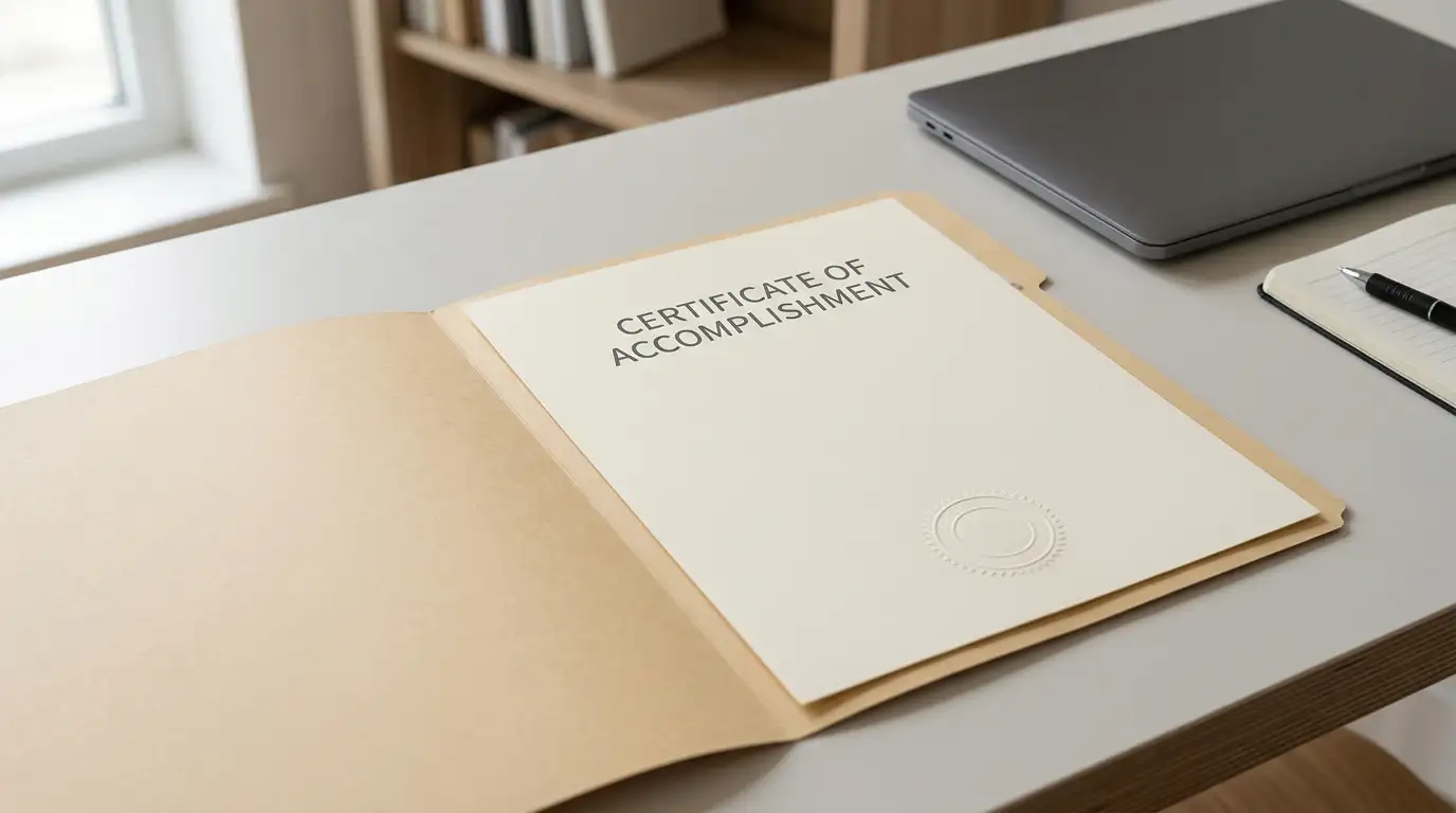 Neutral licence certificate in a document folder on a plain desk beside a closed laptop