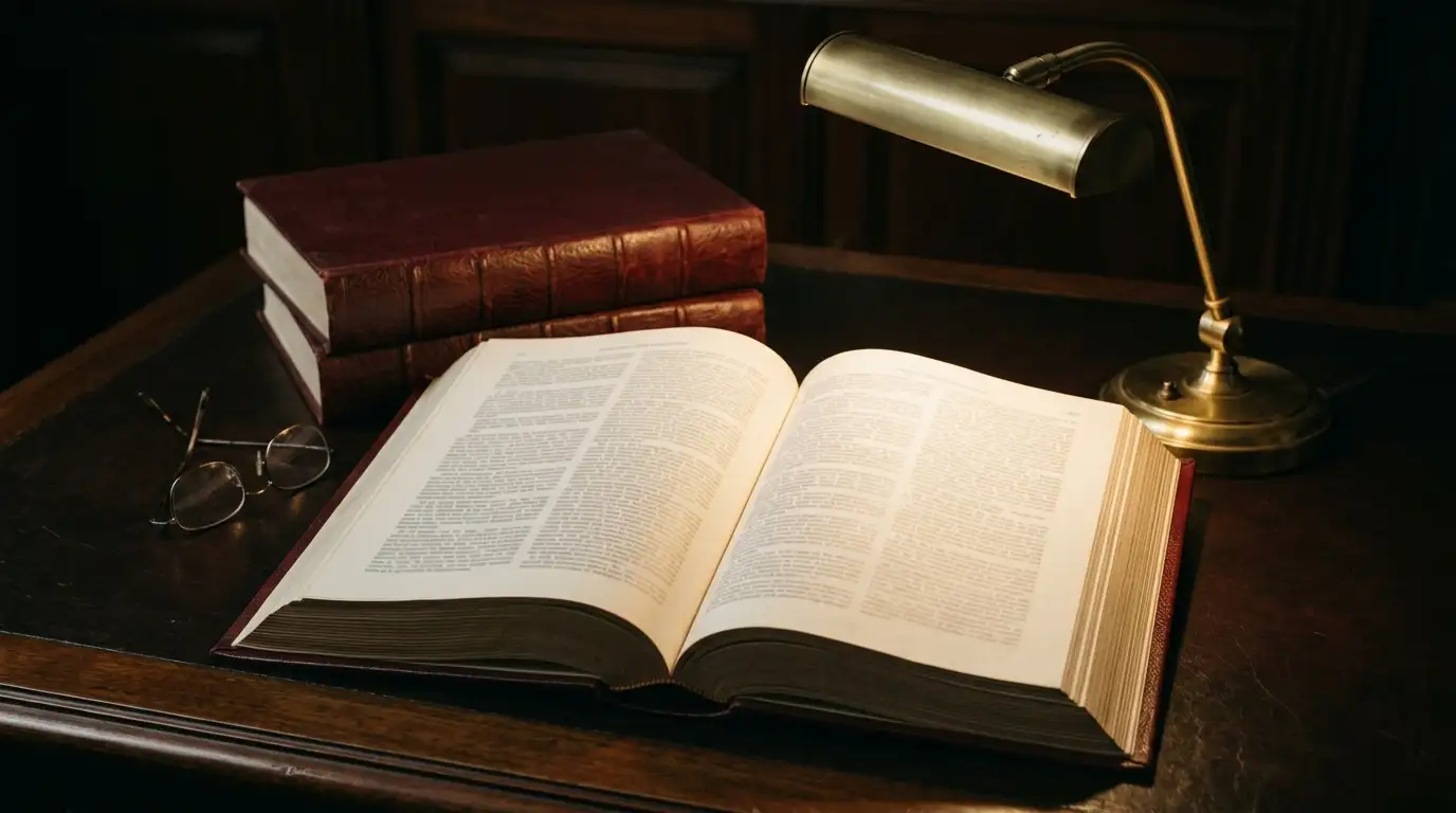 Bound copy of Commonwealth legislation open on a desk under a reading lamp