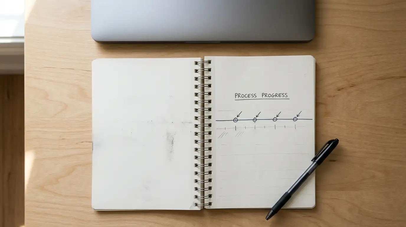 Notepad with a hand-drawn timeline of withdrawal stages beside a closed laptop