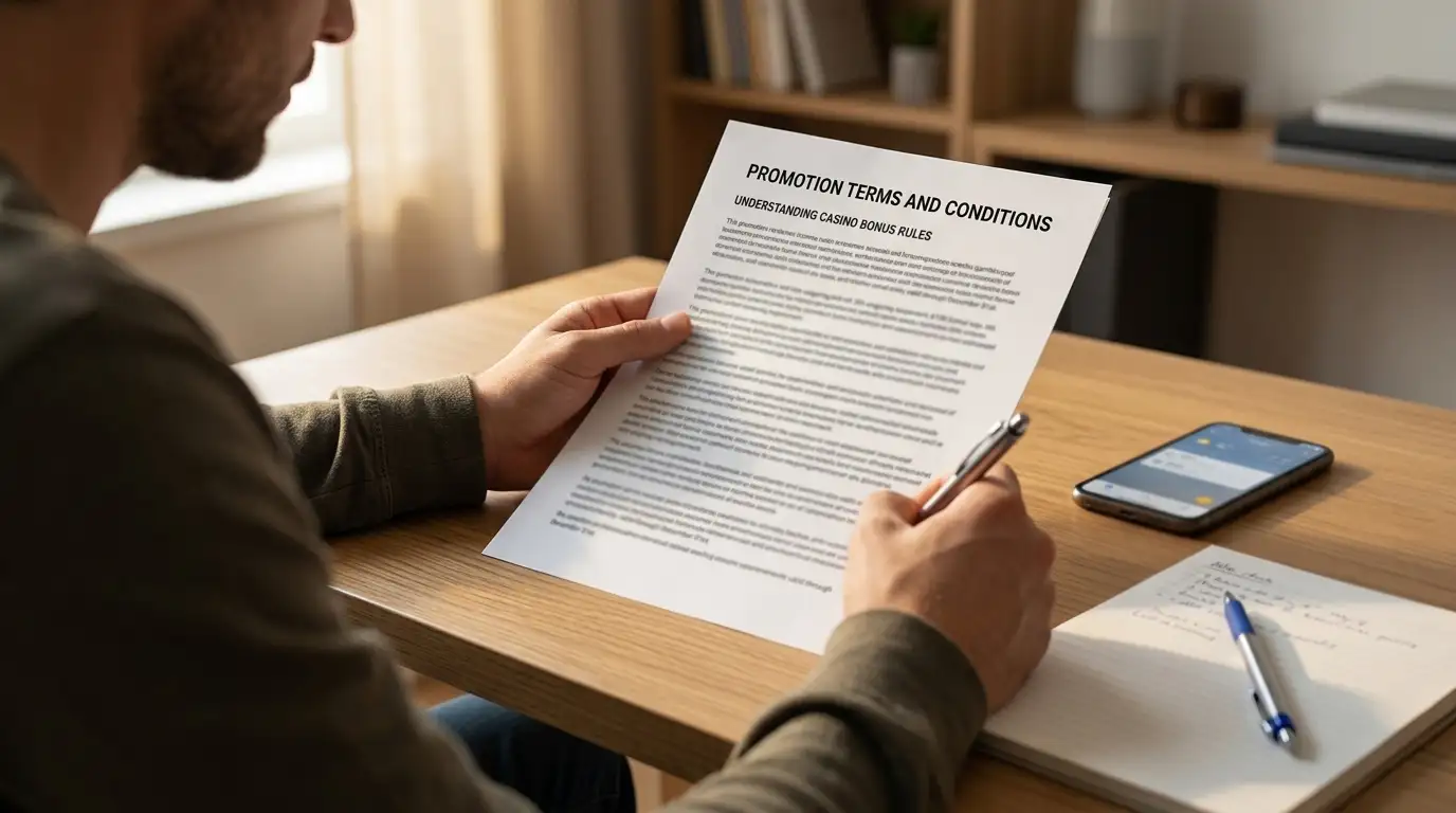 Person reviewing casino bonus terms document with calculator and notepad on desk