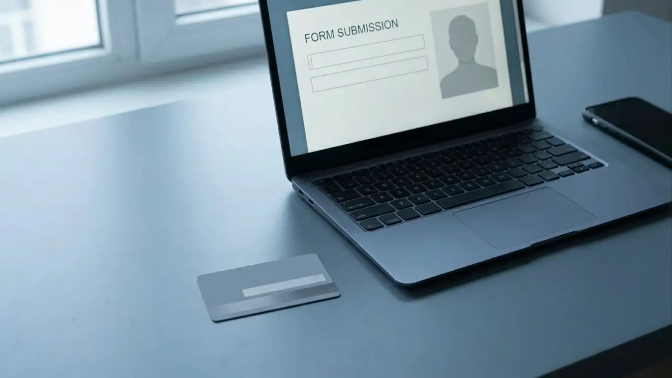 Identity document face down on a desk next to a laptop showing a verification form
