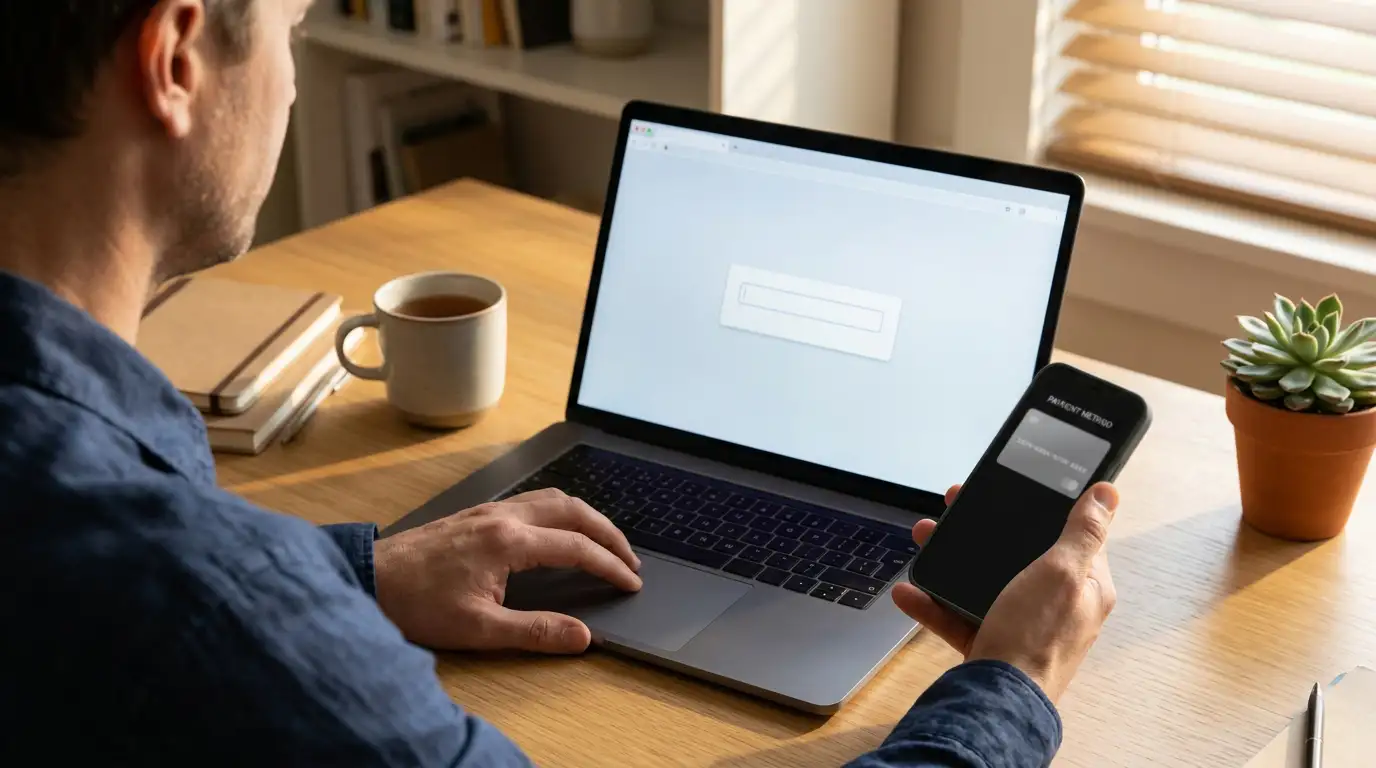 Person at a desk copying a wallet address from a phone to a laptop screen