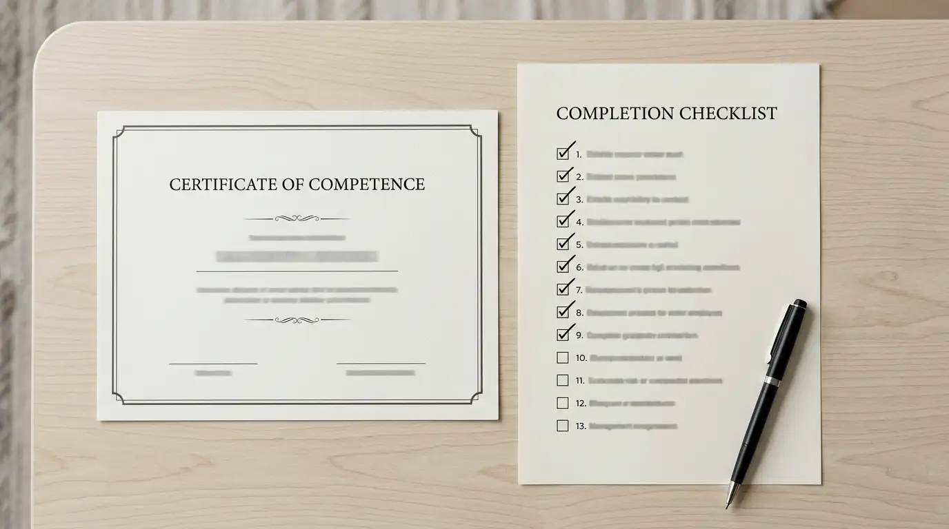 Neutral licence certificate document on a desk beside a pen and a printed checklist