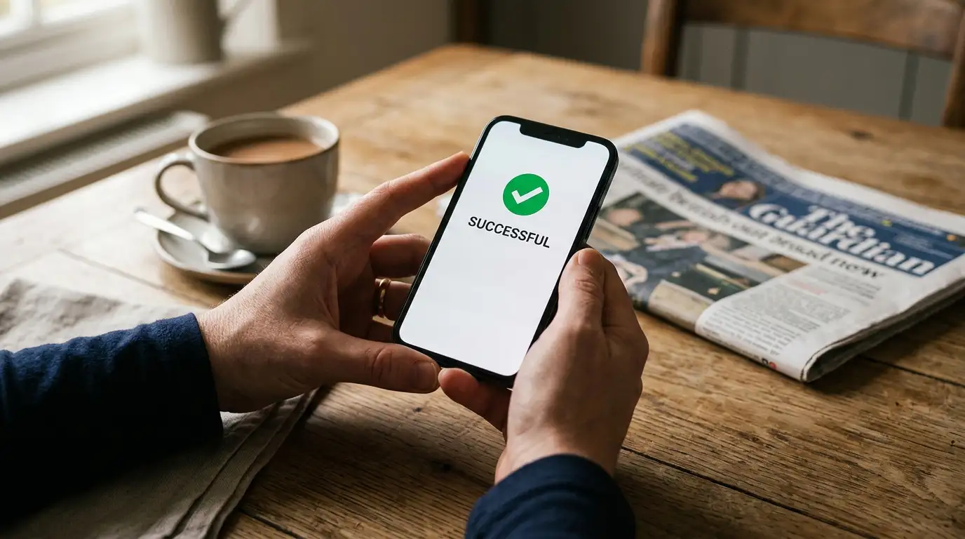 Hands holding a phone showing a bank transfer confirmation screen at a kitchen table