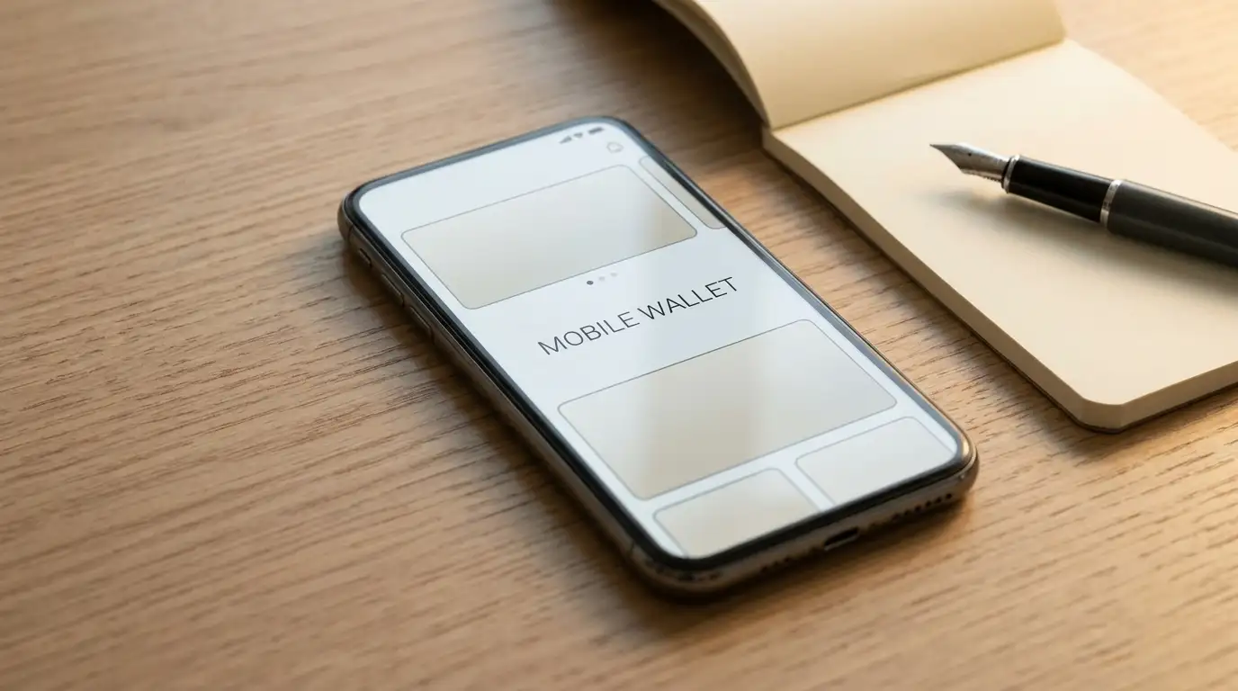 Smartphone with an open mobile wallet screen resting on a tidy desk beside a notepad