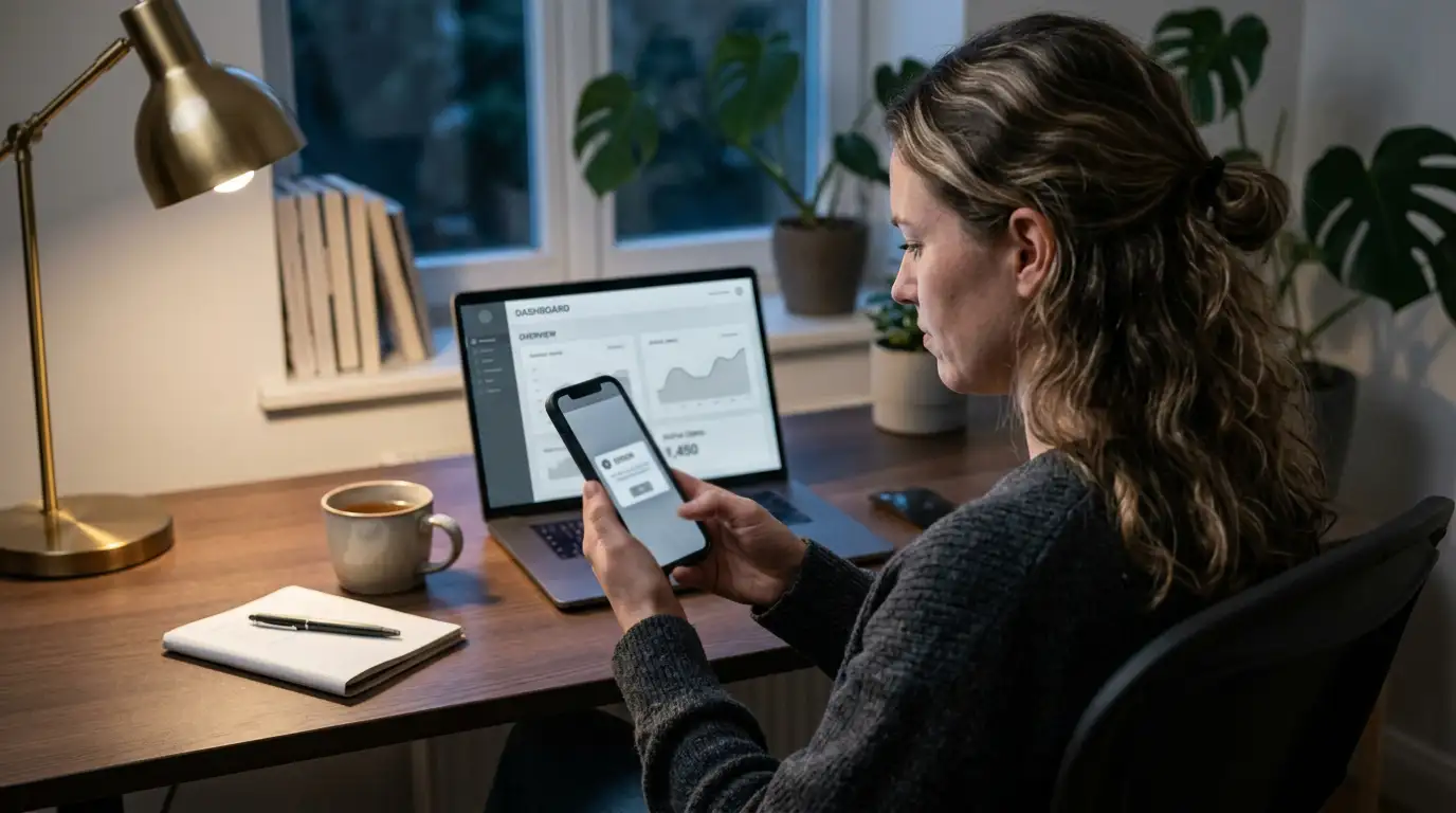 Person at a desk reviewing a declined payment message on a phone screen