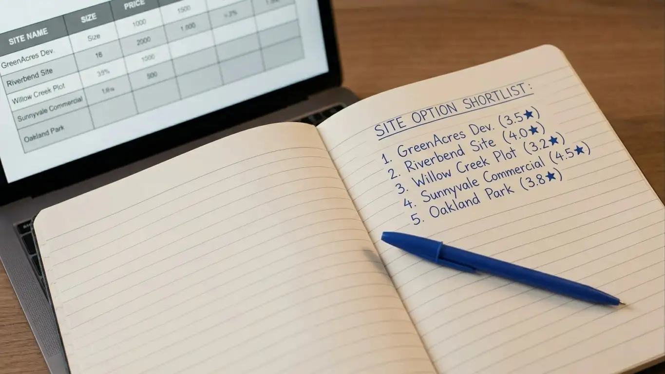 Open notebook with a handwritten shortlist of casino brands beside a laptop showing a comparison layout