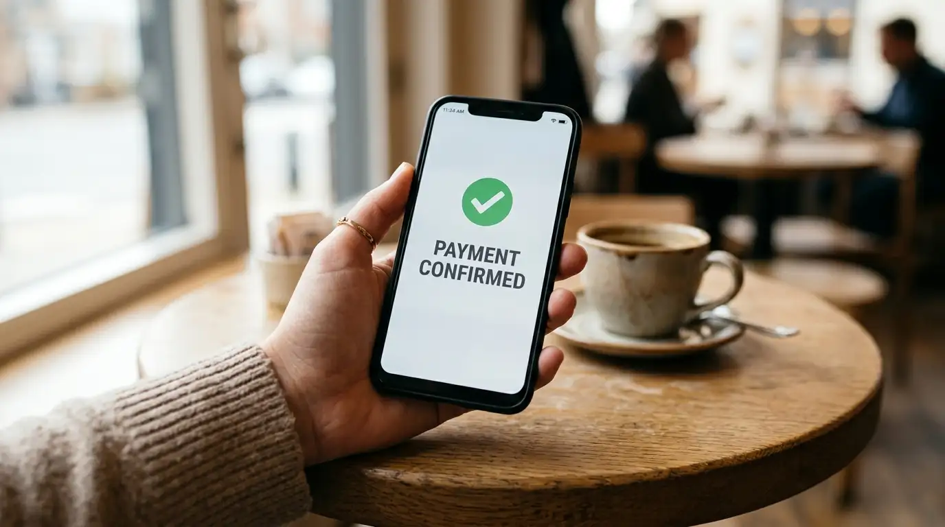Hand holding a smartphone showing a plain wallet confirmation screen, café table in soft daylight