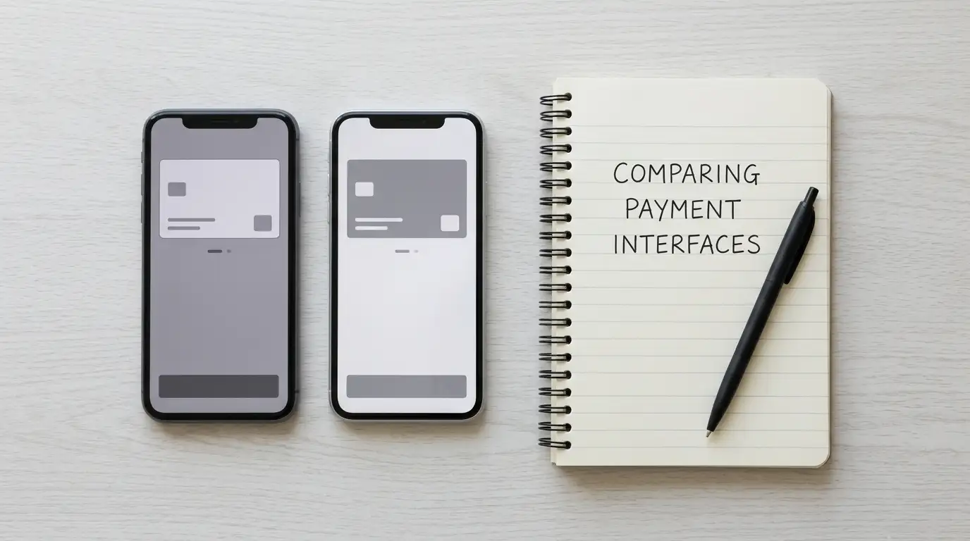 Two neutral payment app screens side by side on a desk, compared with pen and notepad