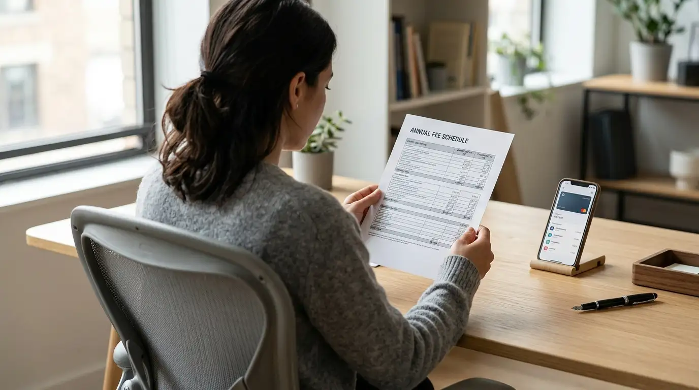 Person at a tidy desk reading a printed fee schedule with a phone showing a neutral wallet interface