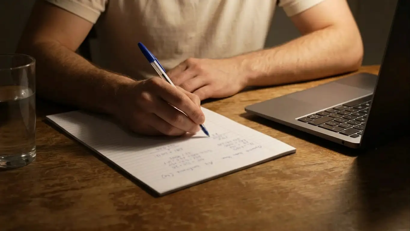 Person at a desk working through figures with a pen on a notepad