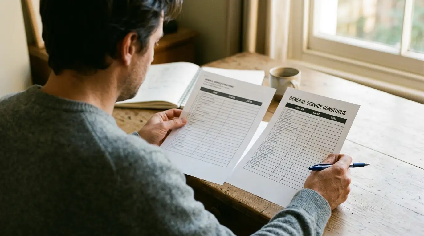 Person at a desk comparing two printed pages of deposit and withdrawal conditions