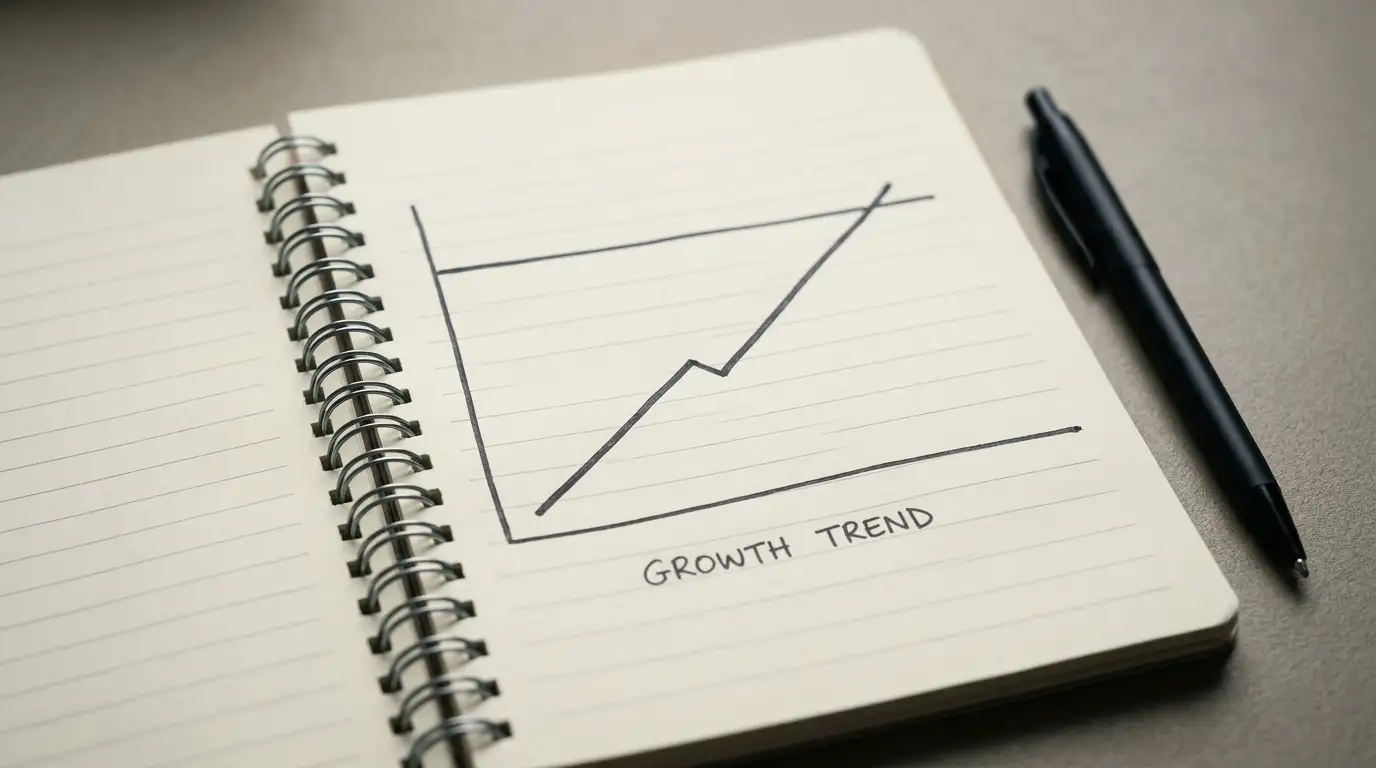 Simple line chart on a notepad showing a small starting point rising toward a marked threshold