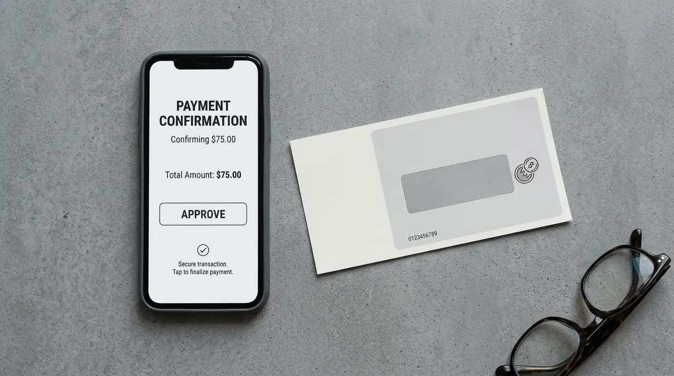 Smartphone screen showing a payment confirmation prompt next to a prepaid voucher slip