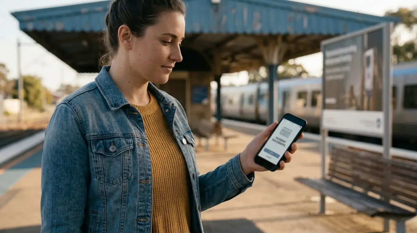 Person on a train platform using a phone with a mobile browser open on a payments page