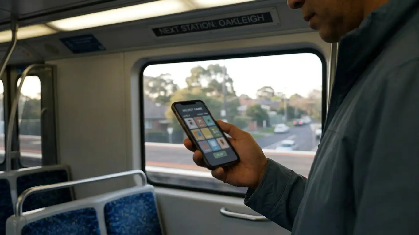 Commuter holding a phone showing a mobile pokies lobby on a train