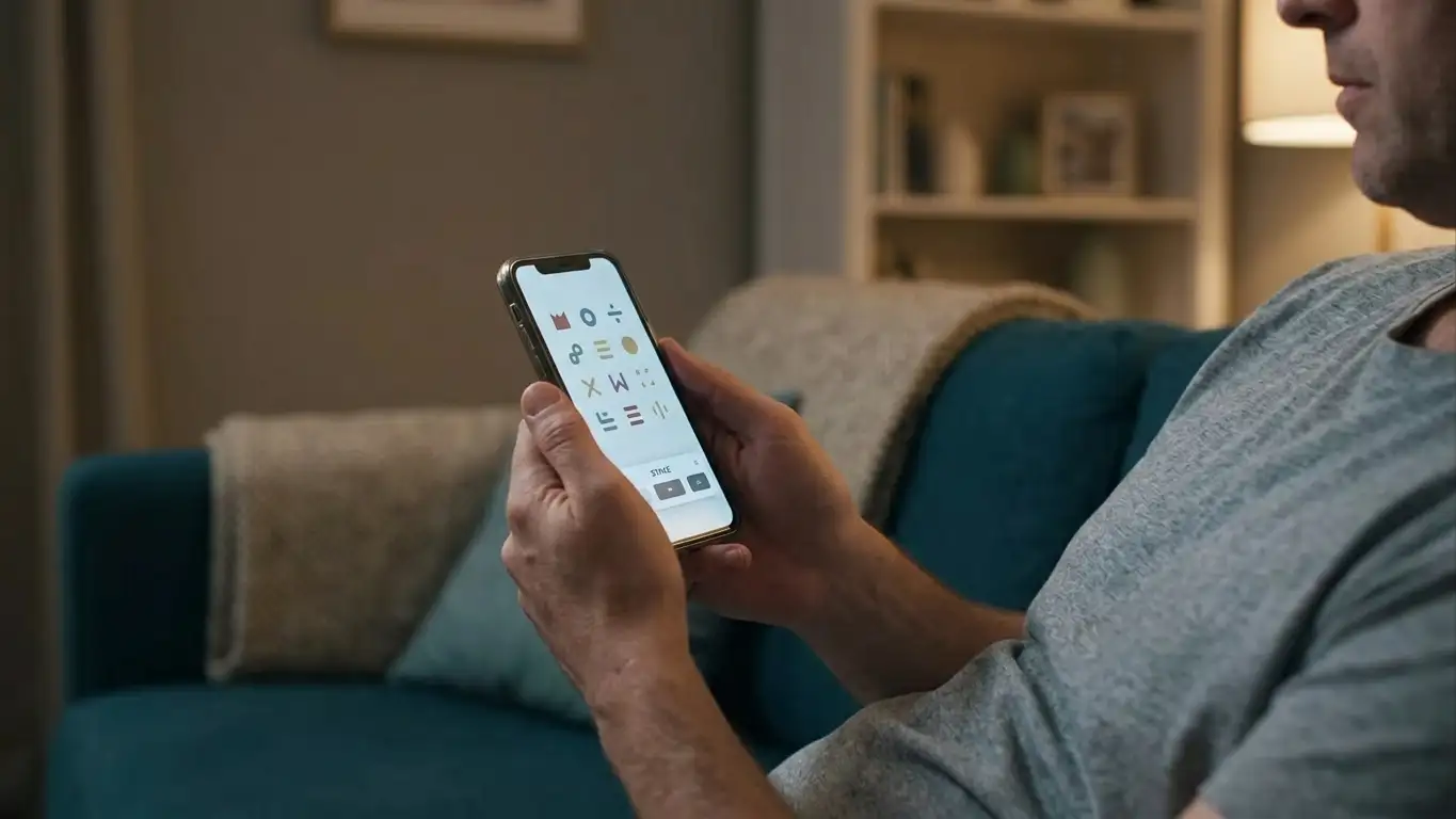 Person on a sofa holding a phone in portrait orientation with a plain game grid on screen
