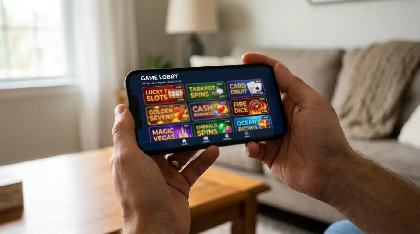 Smartphone held horizontally showing casino lobby grid with game tiles