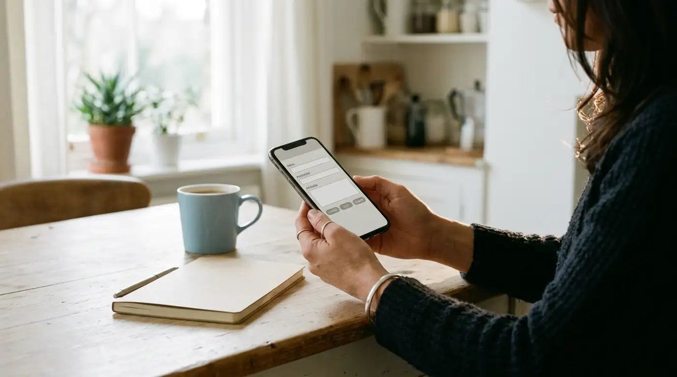 Person at a kitchen table setting up a payment identifier on a phone banking screen