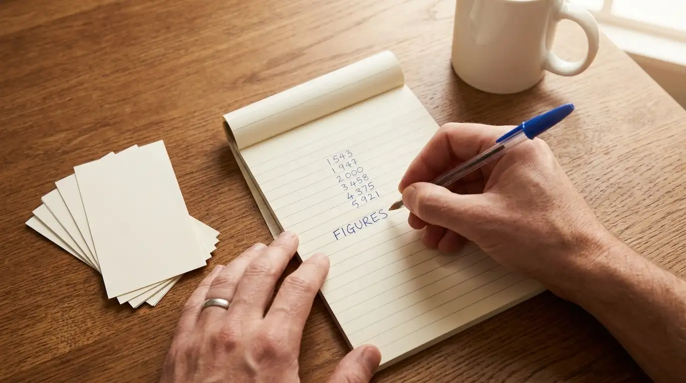 Hand writing figures in a notepad beside a stack of prepaid voucher slips