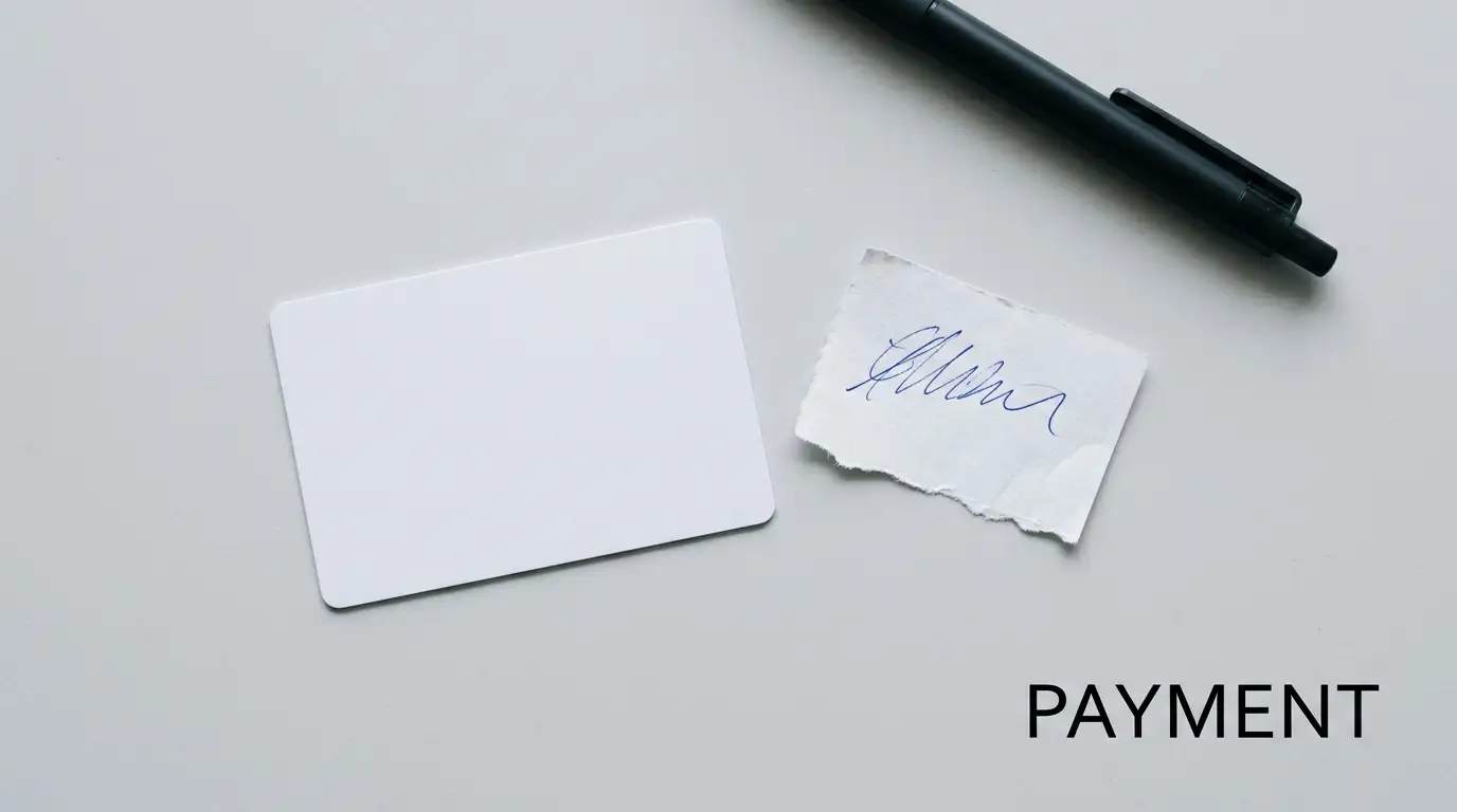 Prepaid voucher card and a handwritten note on a plain table surface