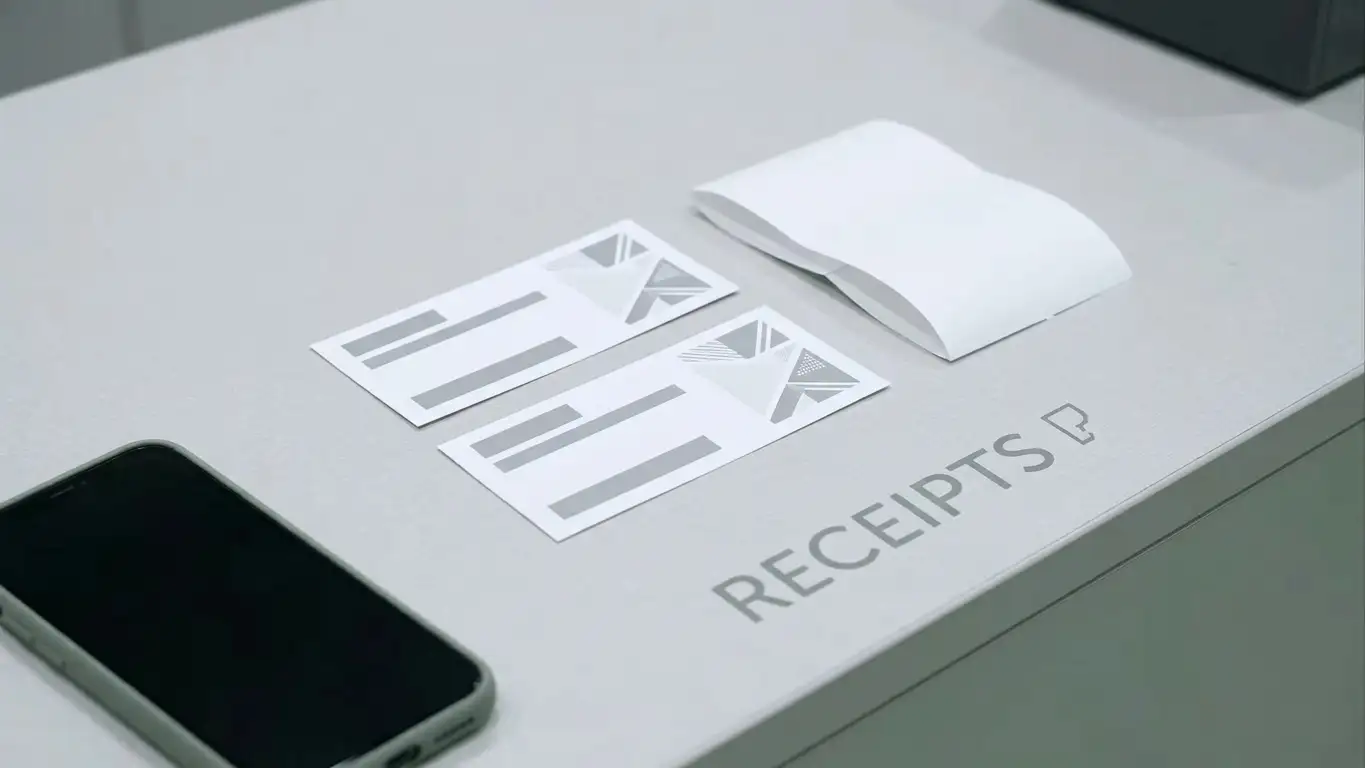 Prepaid voucher slips and a plain receipt on a shop counter beside a phone