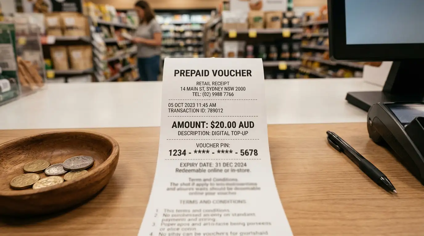 Retail counter with a prepaid voucher receipt showing a twenty-dollar denomination and PIN format