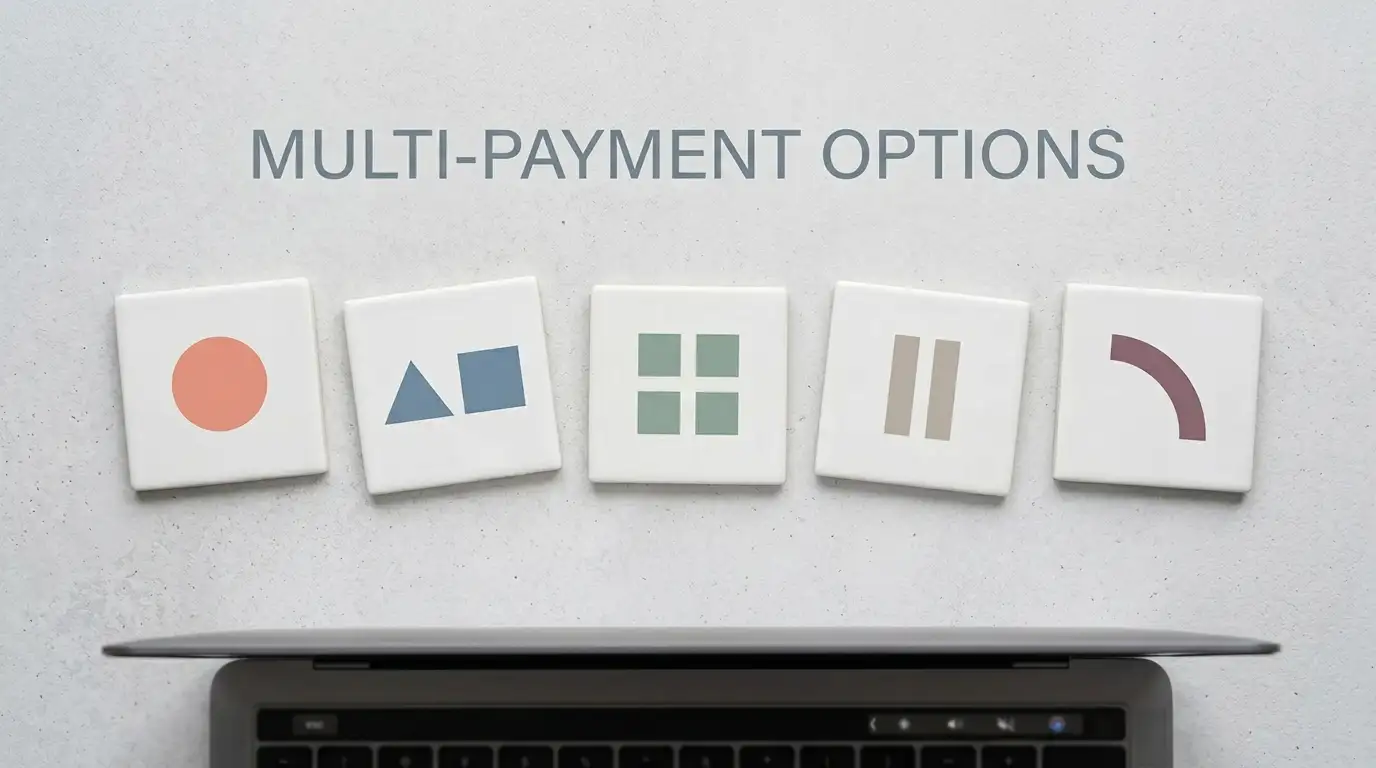 Several payment method icons laid out on a clean desk beside a laptop keyboard