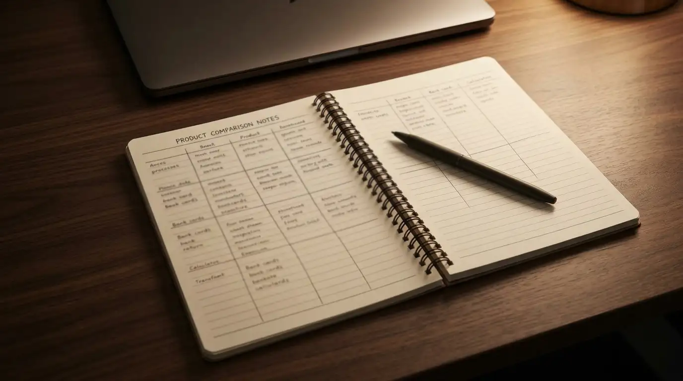 Notebook with handwritten comparison of casino sites accepting Neteller deposits